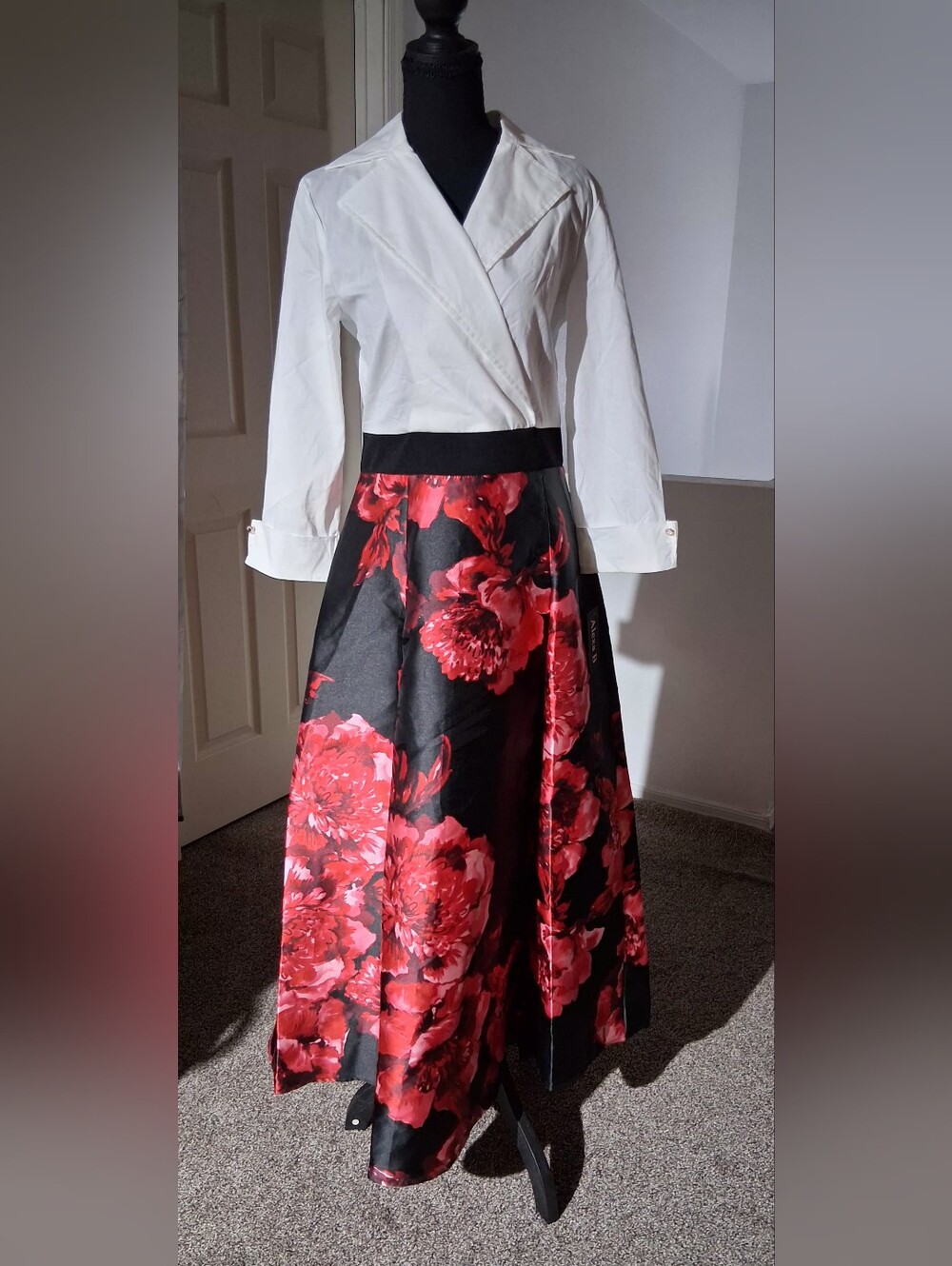 Alexa B. Maxi Dress with Red Floral Print and White Waist